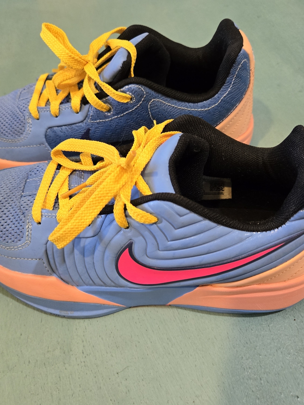 Nike JA 2 Blue Sneakers with Pink Swoosh and Yellow Laces